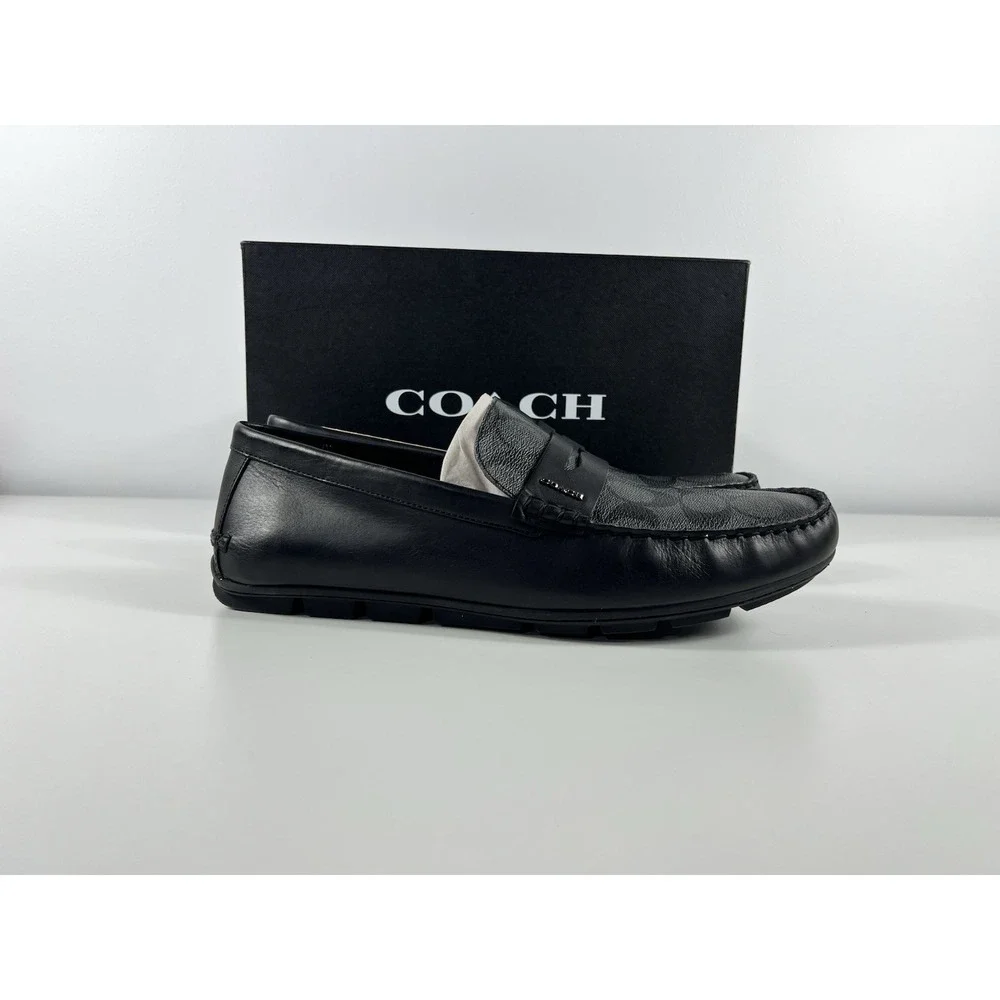 COACH Men's Shoes Loafer Size 12 US Black Leather MOTT DRIVER SIG PVC